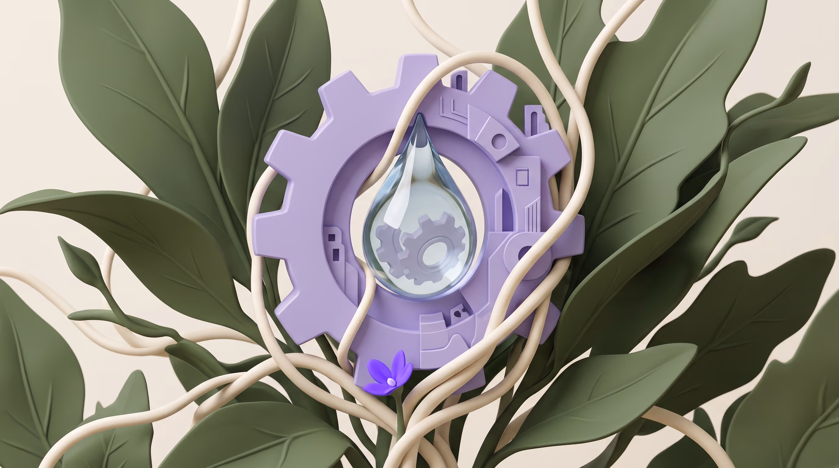 Lavender gear cradling a clear water droplet woven through green leaves and pale vines, with a single bright purple bloom, representing a protected booking held inside automated rules.