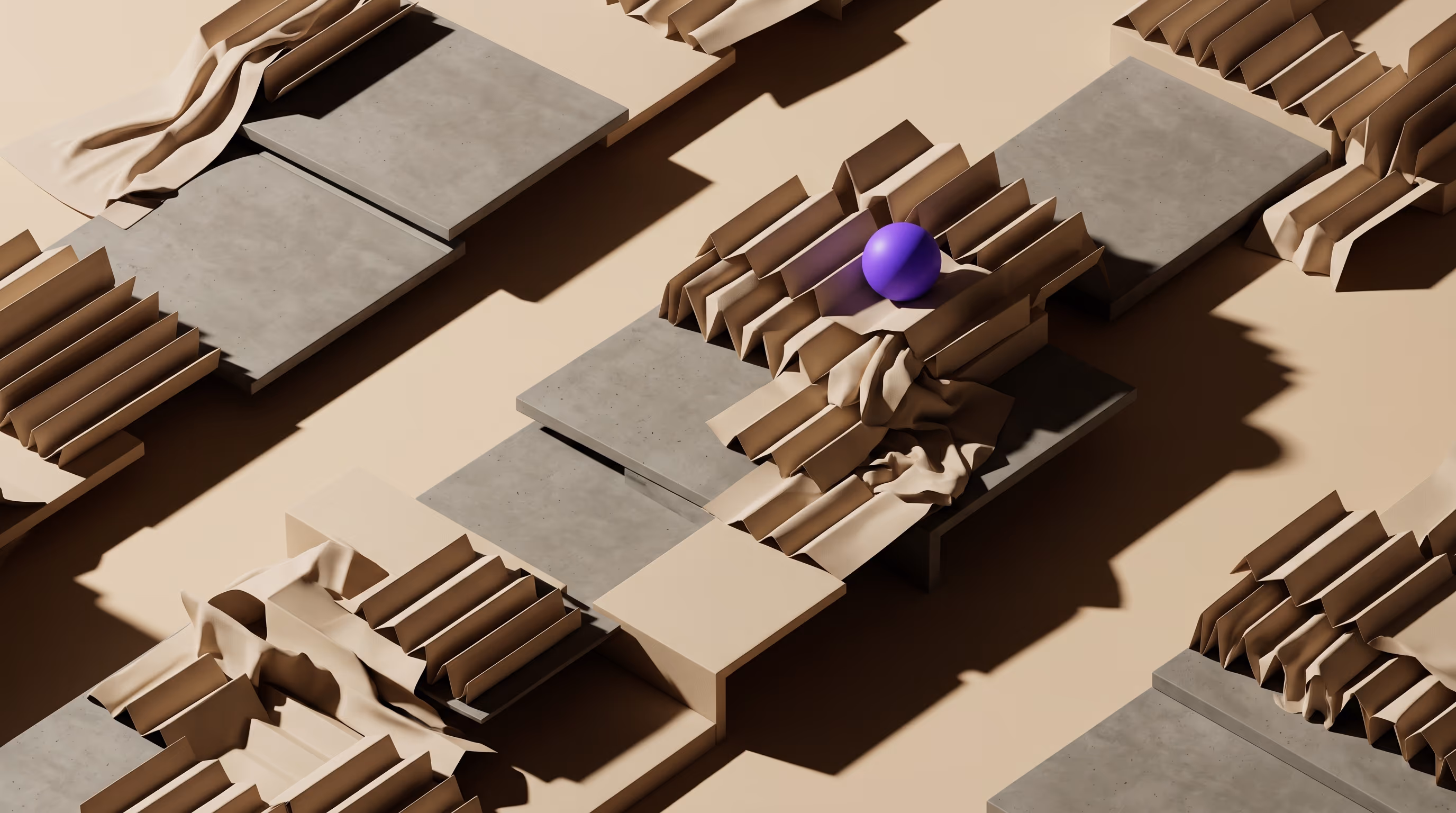 Overhead view of stepped folded-paper and concrete tiers in graduated heights forming a repeating pattern, a single bright purple sphere resting on one tier, representing layered policy strength across a calendar.