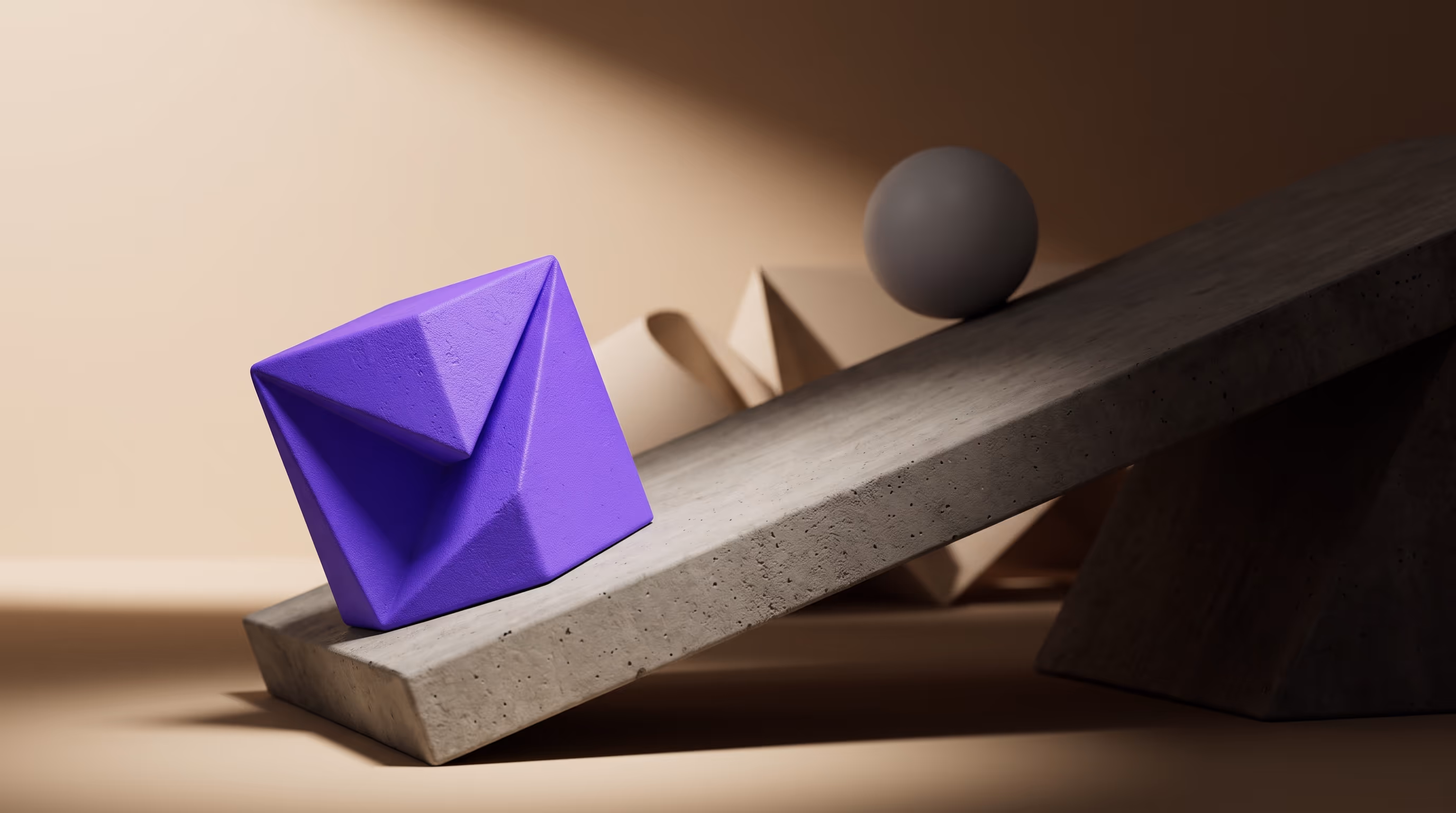 A bright purple faceted weight resting on a tilted concrete plane balanced against a grey sphere under dramatic directional light, representing the hidden weight of stacked commission tipping a host's payout.