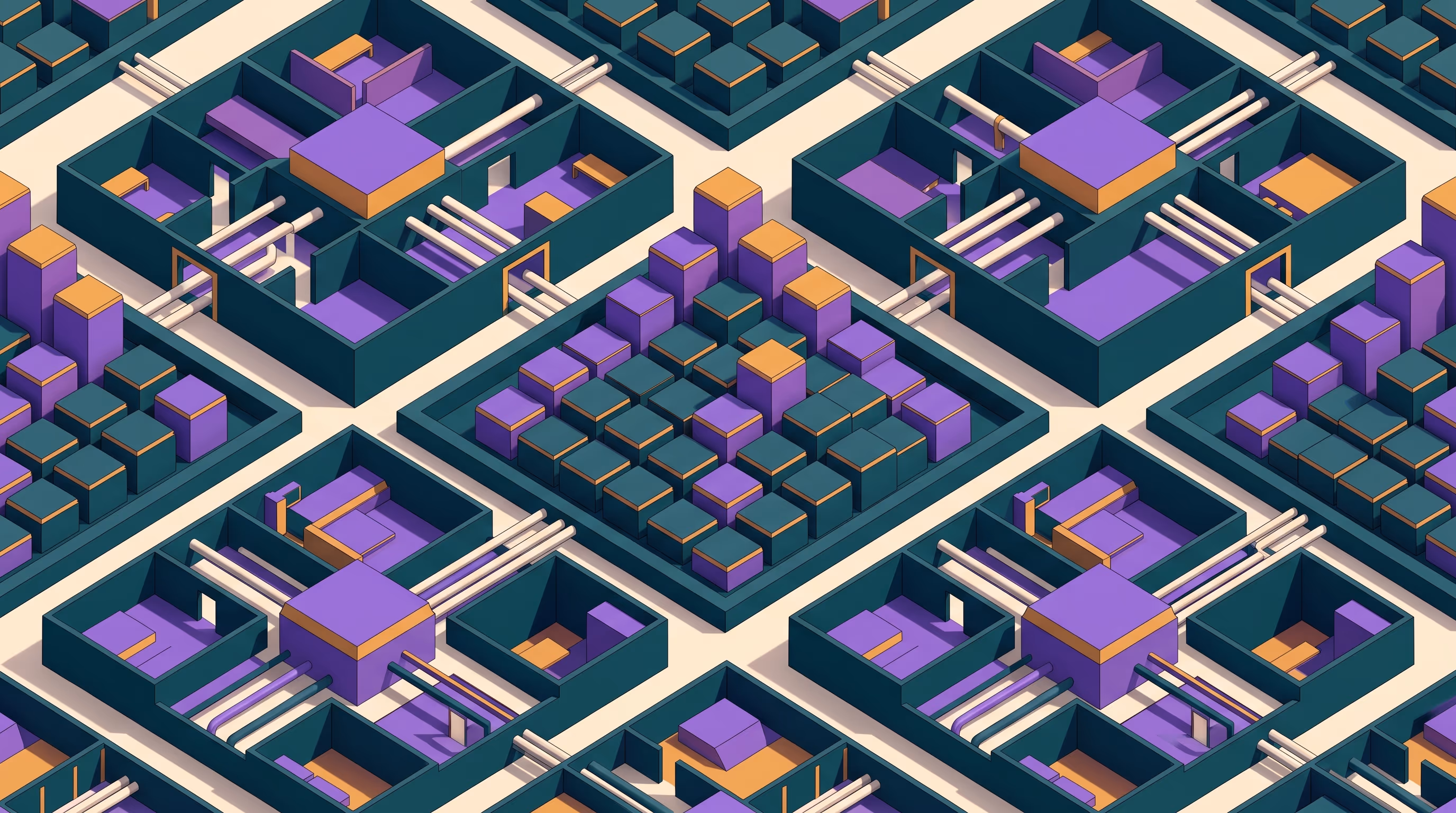 An elevated isometric view of stacked weighted blocks at differing heights forming a stepped scale across a grid of abstract rooms, representing layered commission tiers accumulating across a portfolio.