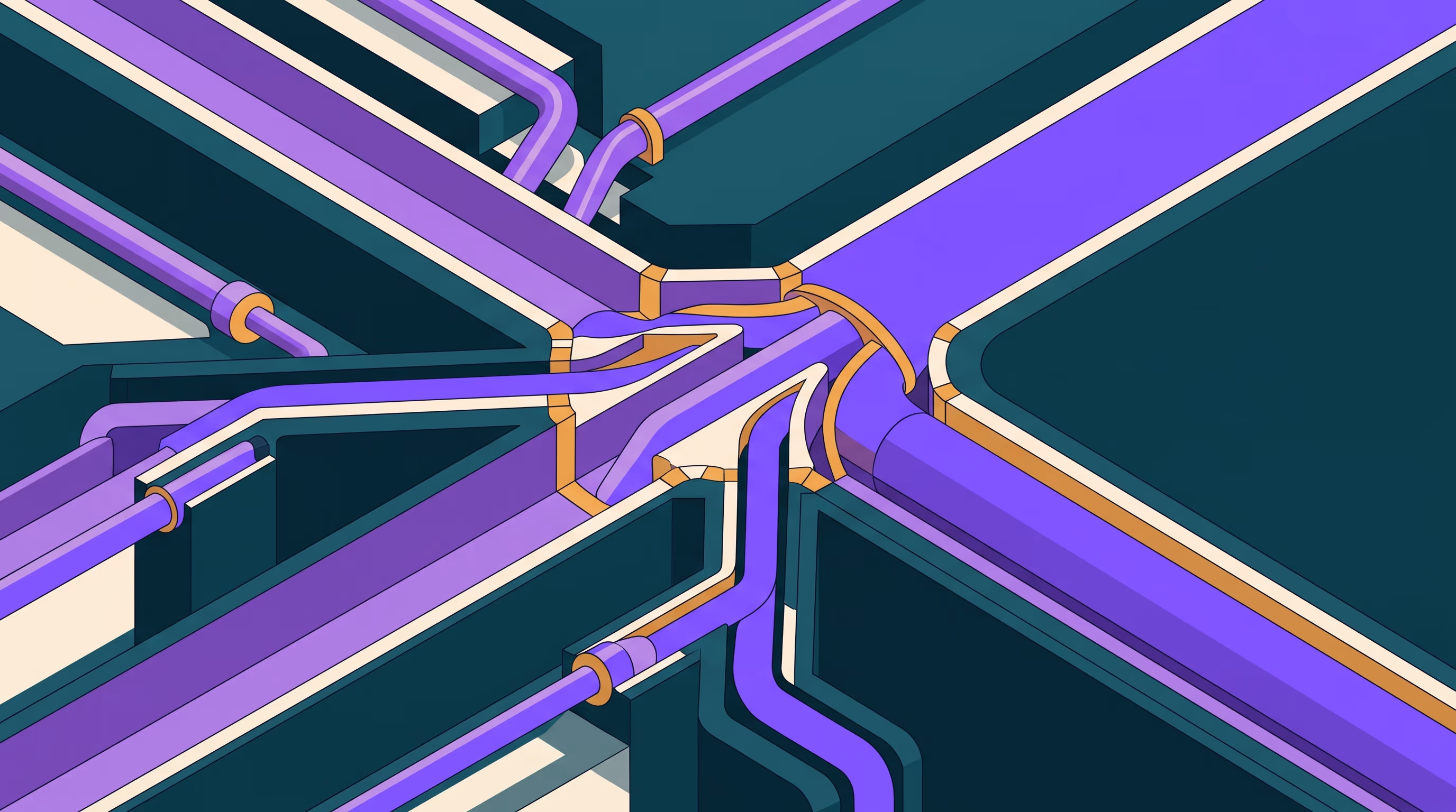 Isometric pipes and corridors in teal and purple converging into a single junction, representing booking channels merging into one synced calendar.