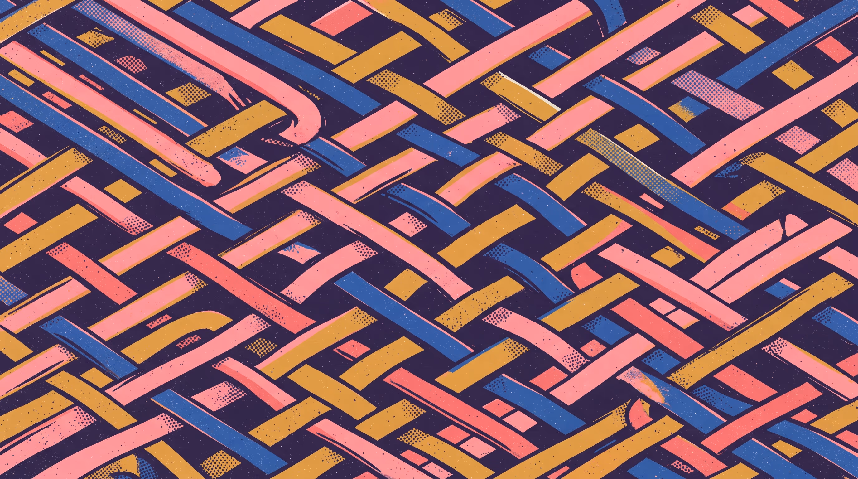 Overhead risograph pattern of interlacing pink, blue, and mustard lines, representing the woven overlap between channel sync and full operations.