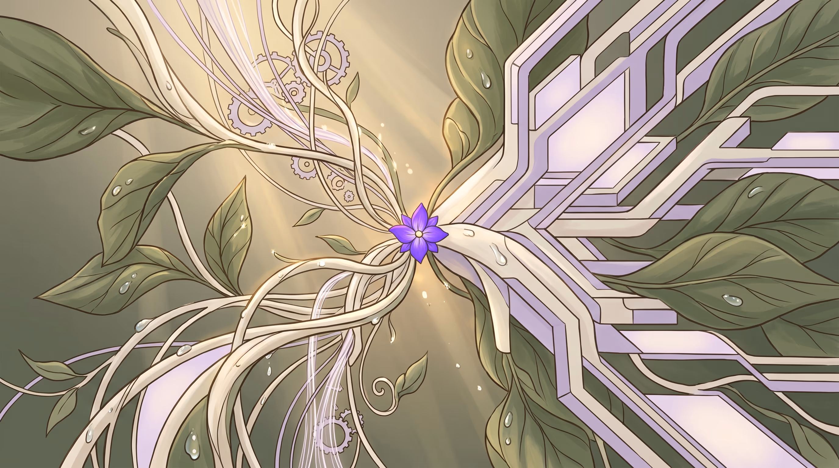 Organic vines and a geometric circuit structure meeting at a single purple bloom, representing two contrasting management approaches converging on one decision.
