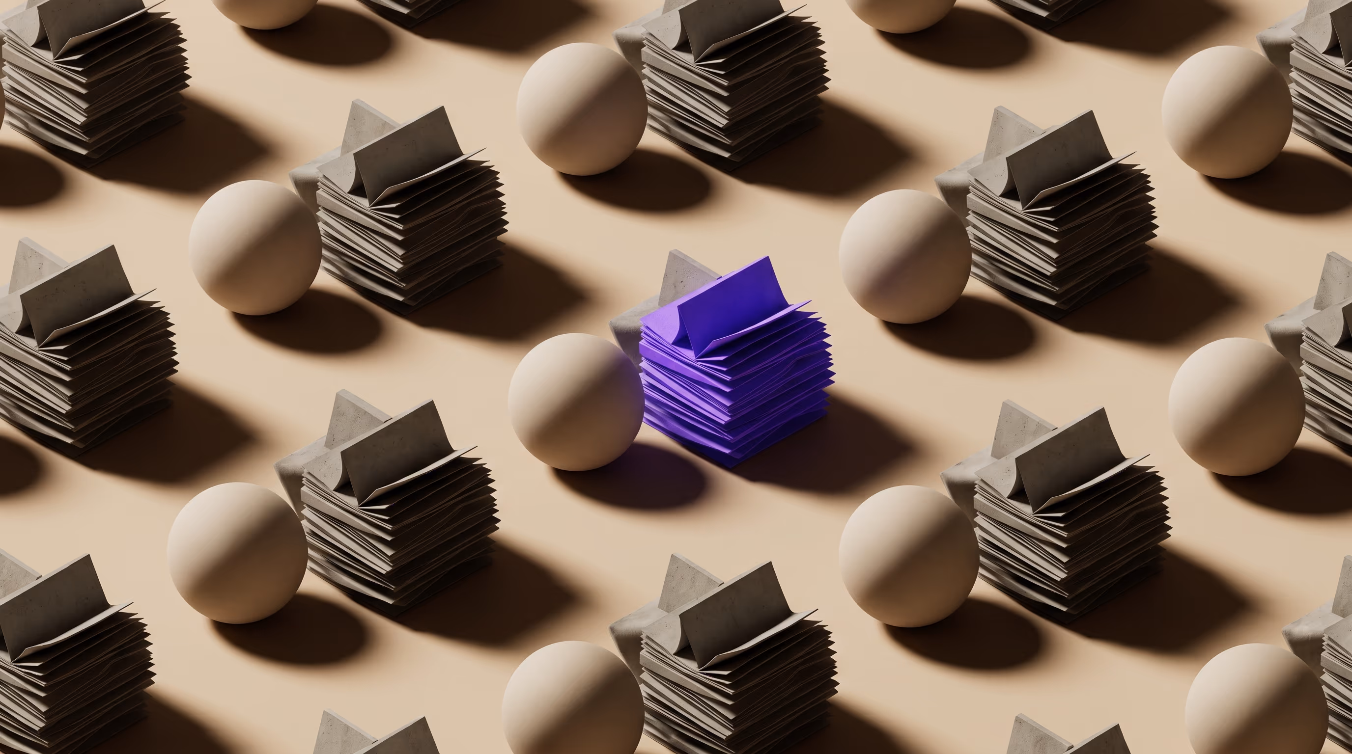 A repeating overhead pattern of smooth spheres beside complex layered paper stacks, one stack picked out in bright purple, contrasting simplicity against operational depth.