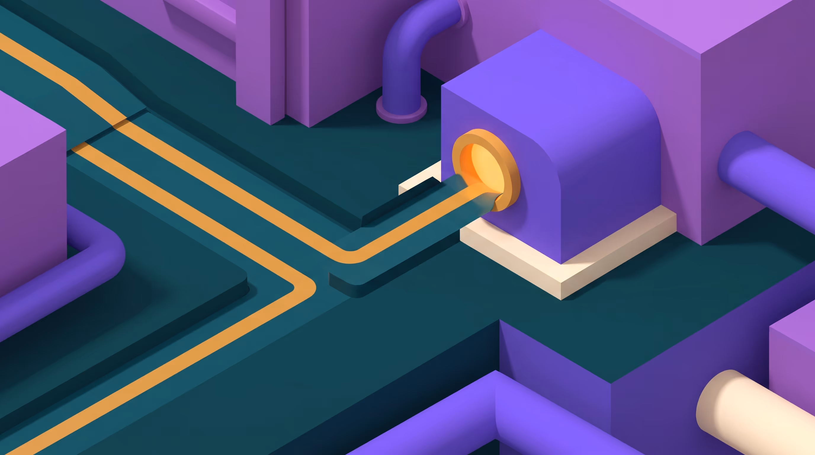 Isometric infrastructure scene where an amber path line plugs into a glowing connector port, representing a booking widget snapping into a simple website.