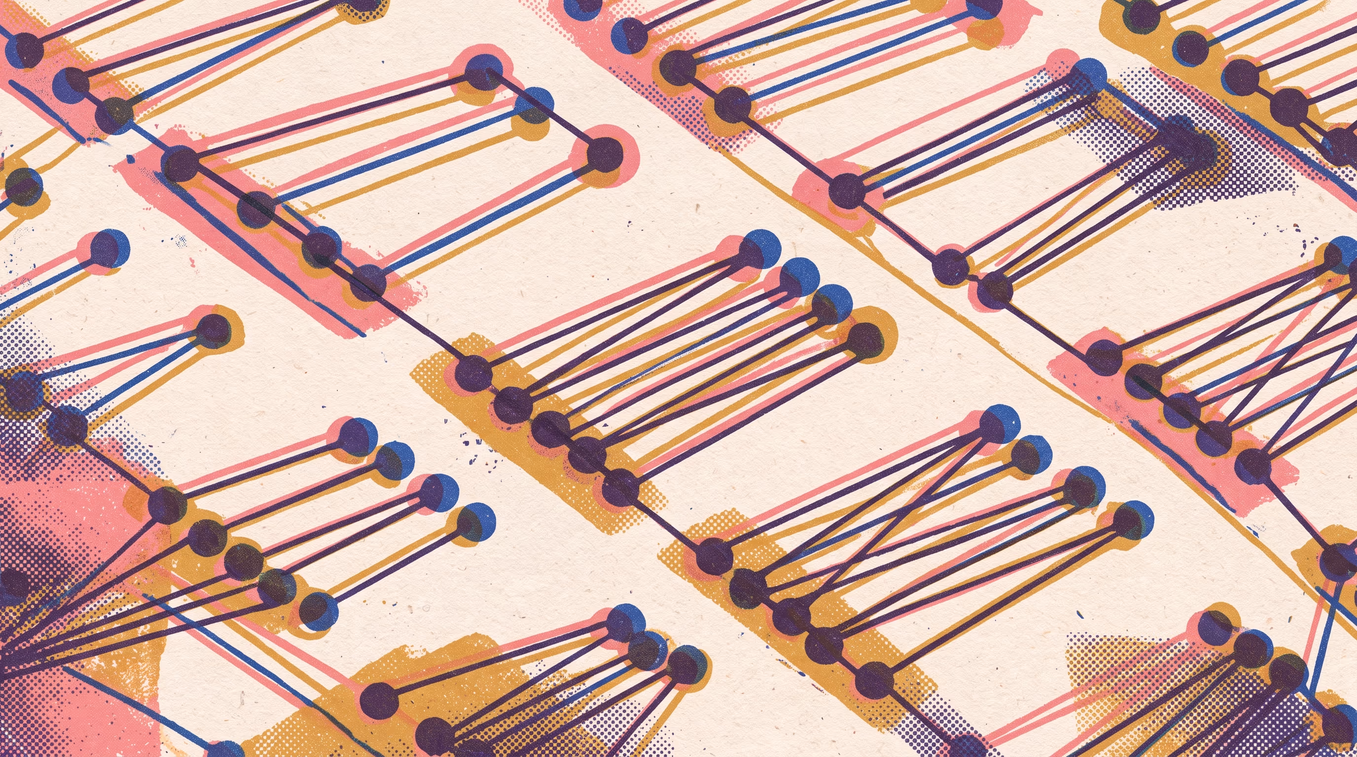 Risograph-style repeating pattern of paired nodes connected by straight lines in pink, cobalt and mustard, representing many guests routed directly to one host.