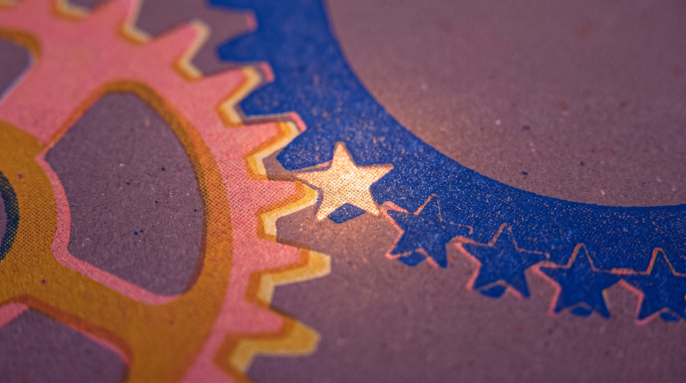 Isometric scene of layered rooms and interlocking gears arranged around a central radiant star, representing a hosting operation tuned to produce consistent five-star reviews.
