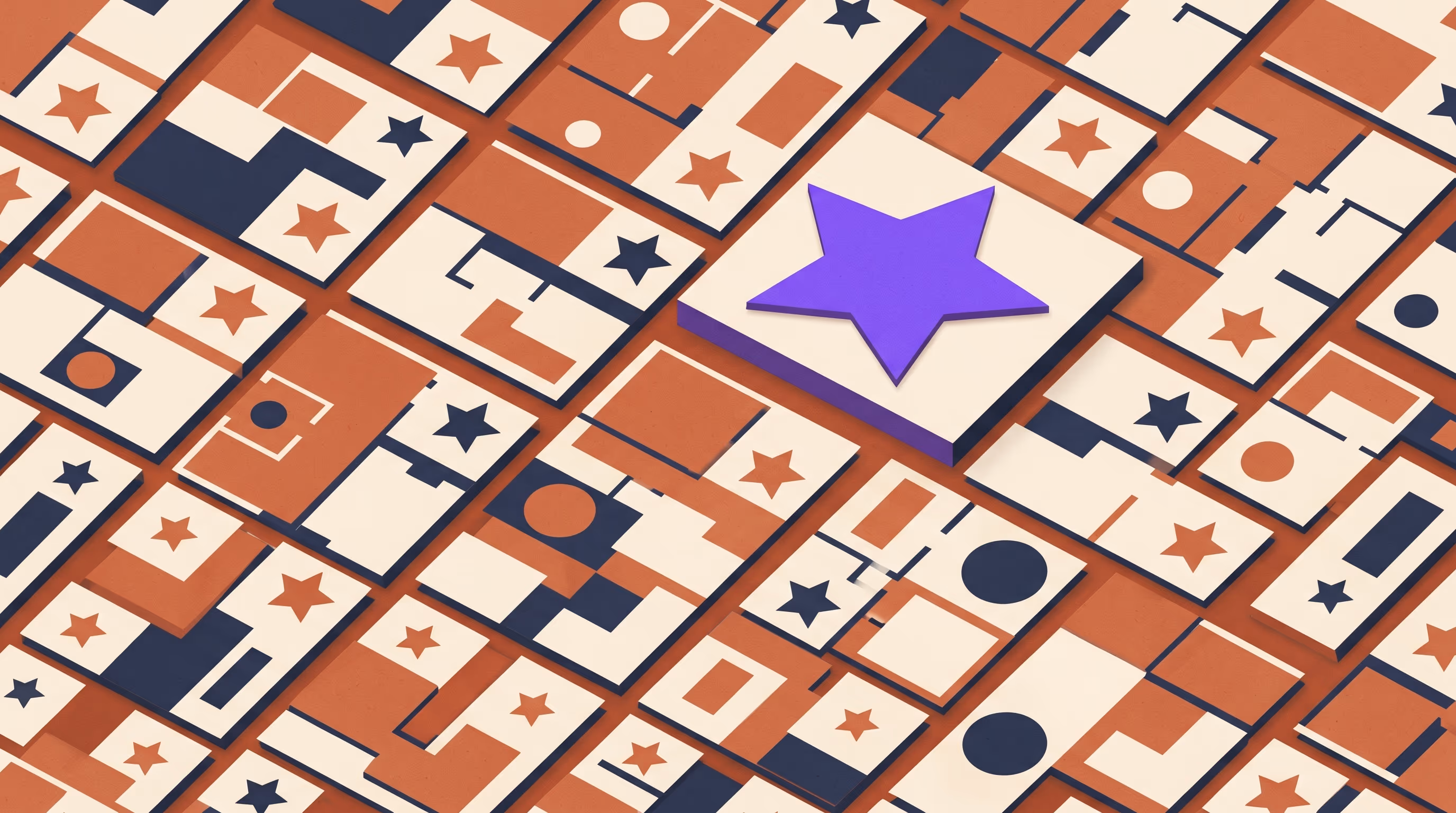 Overhead editorial collage of repeating floor-plan tiles with one larger purple star standing out, representing a single standout listing rising above the crowd.