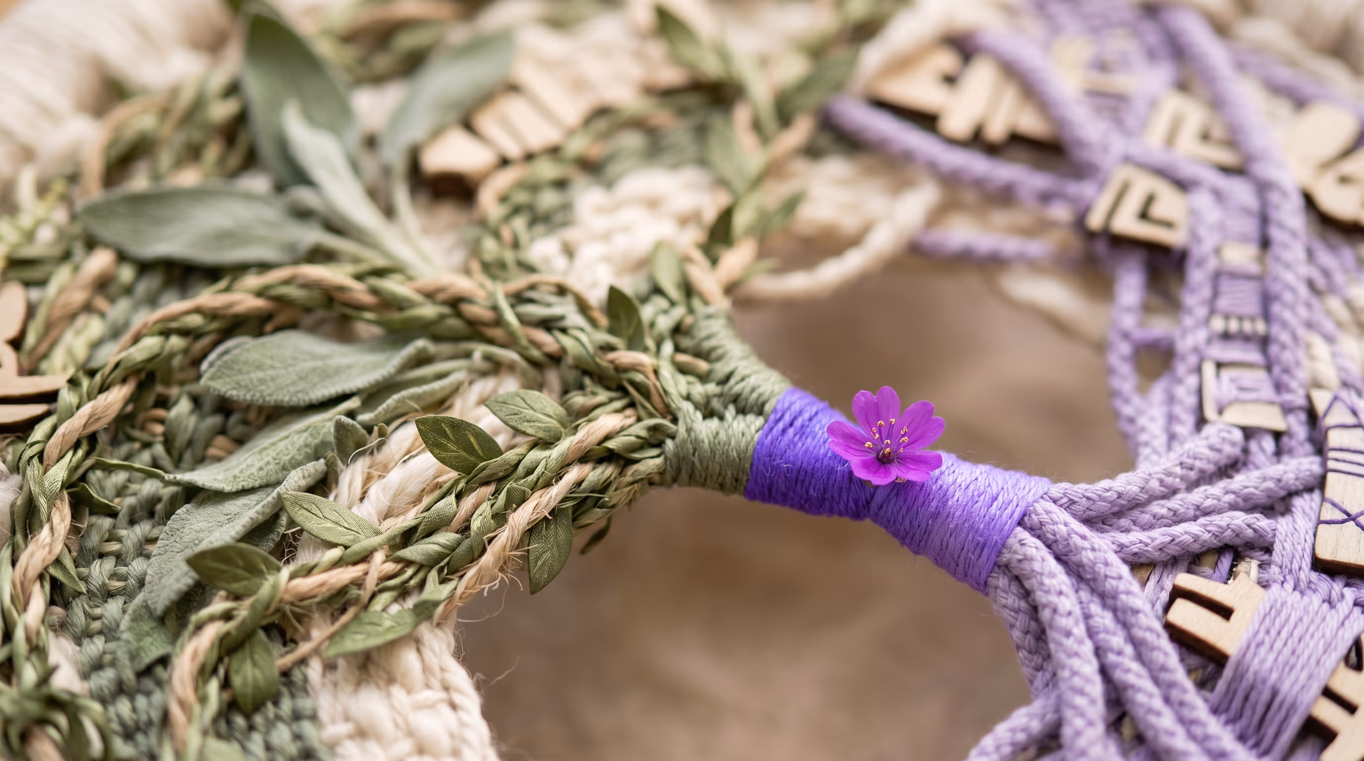 Interwoven sage and lavender cords meeting and binding at a single purple-wrapped junction with a bright bloom, representing two booking channels merging into one calendar.
