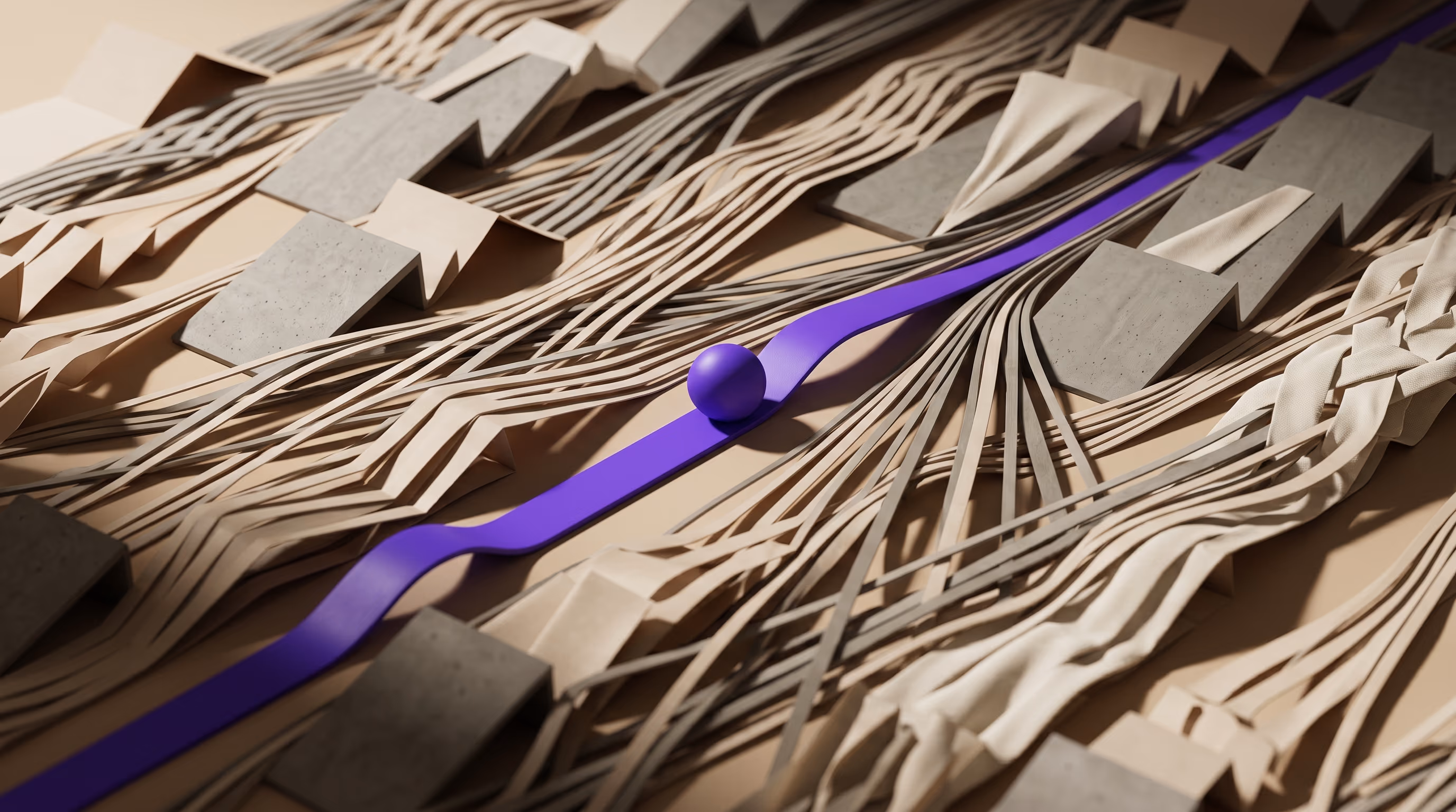 Many pale thread strands converging into a single bold purple ribbon under directional light, shot from above, representing multiple OTA channels feeding one synced calendar.