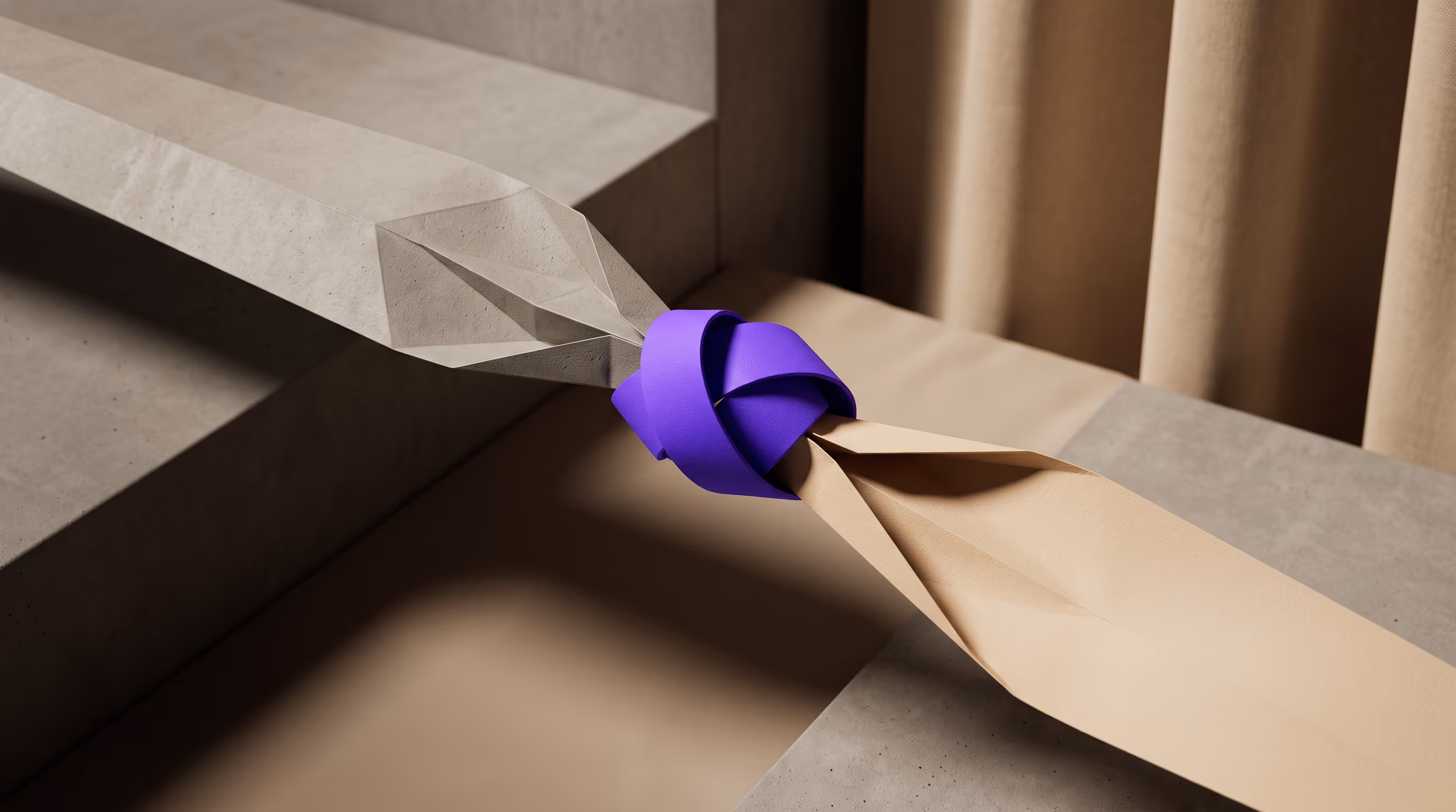 Two folded paper ribbons in grey and beige meeting and tying together at a single bright purple knot under dramatic light, representing two booking calendars joining at one point.