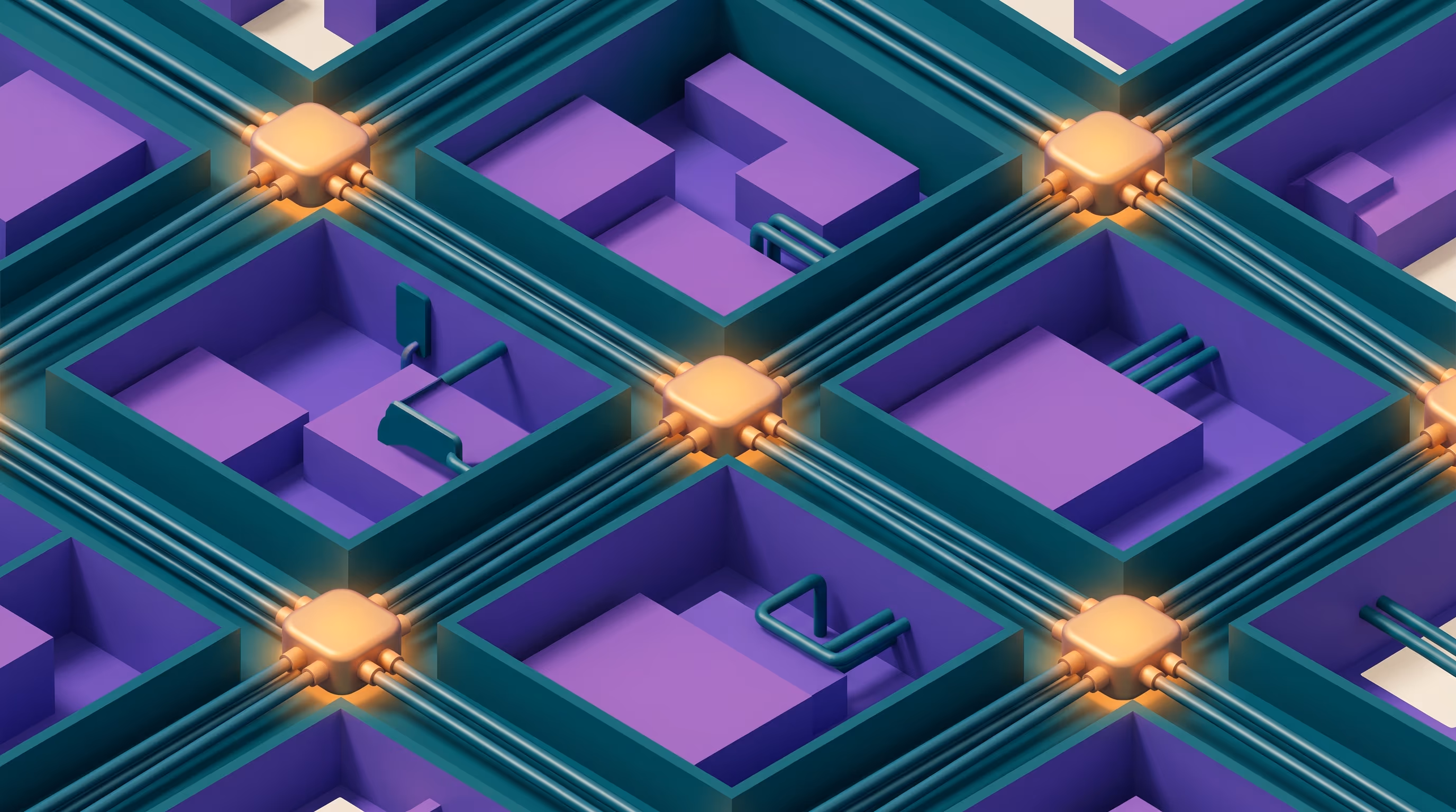 Isometric overhead view of teal channels and pipes carrying signals that converge into glowing amber junction nodes in a repeating grid, representing booking data flowing between platforms.