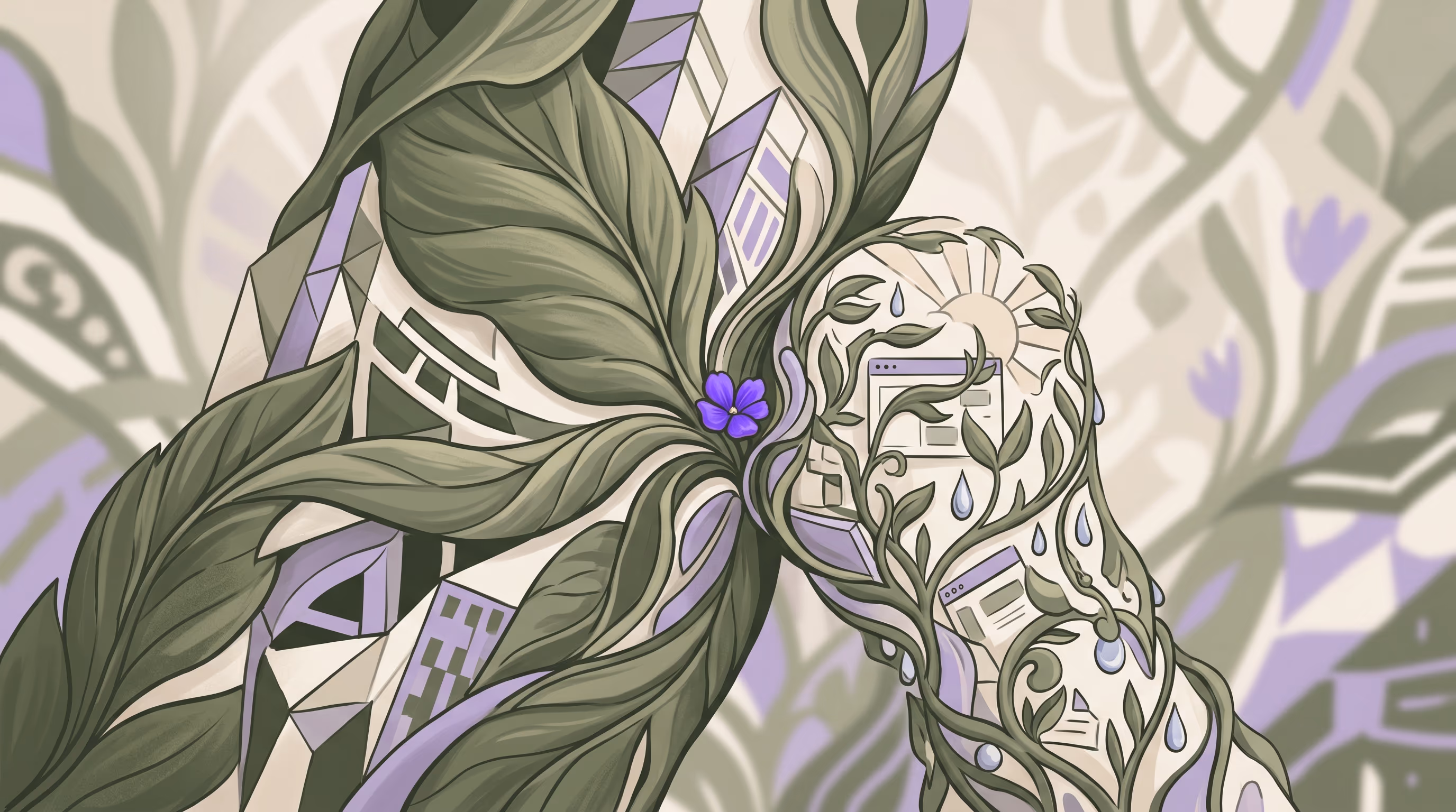 Sage-green leaves and lavender vines interwoven with faint geometric tech panels, meeting at a single bright purple bloom, representing two contrasting systems joined at one point.