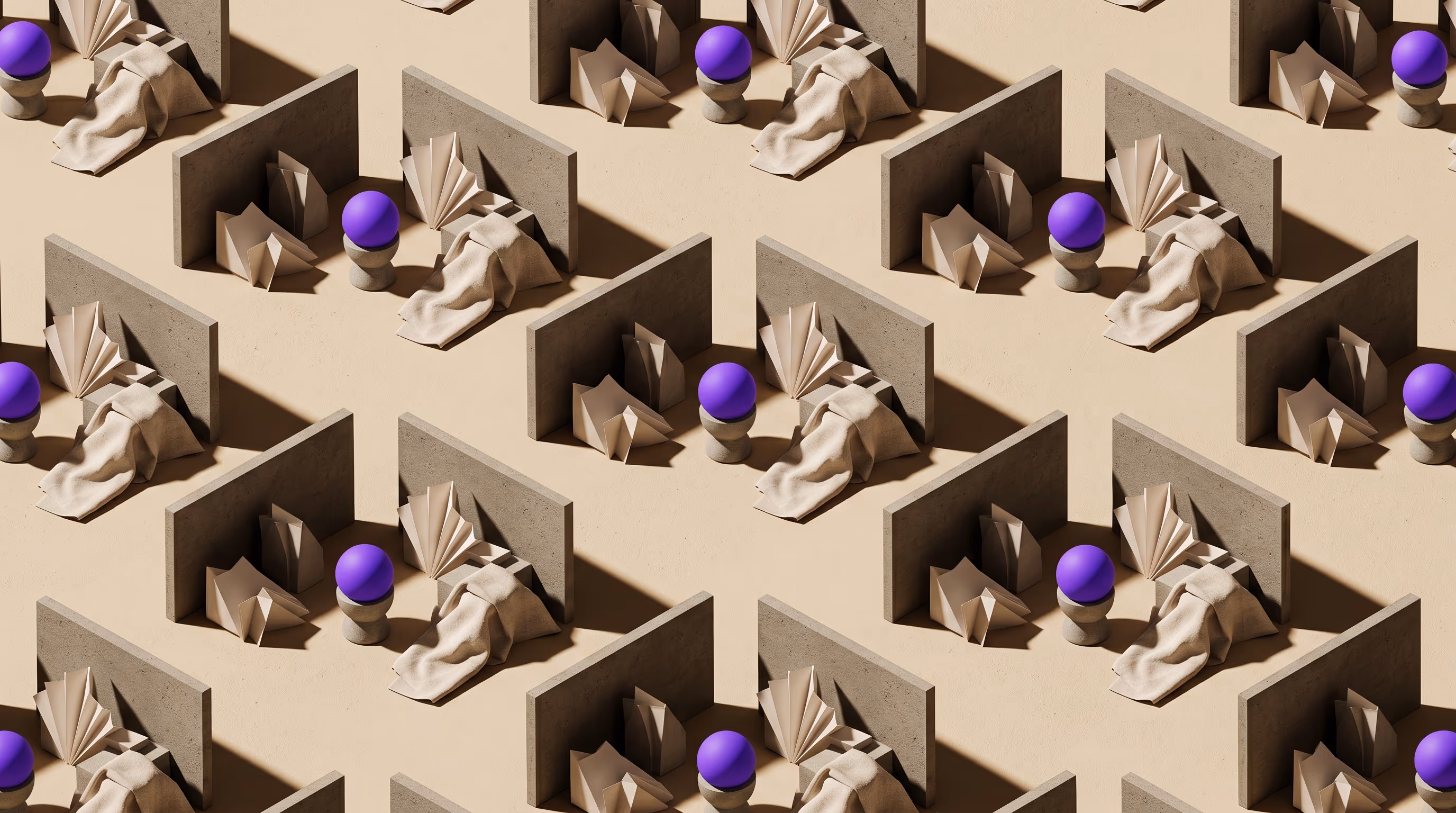 Overhead repeating grid of folded paper forms and concrete planes under directional light, each cell anchored by a single purple sphere, representing per-property costs multiplying across a portfolio.