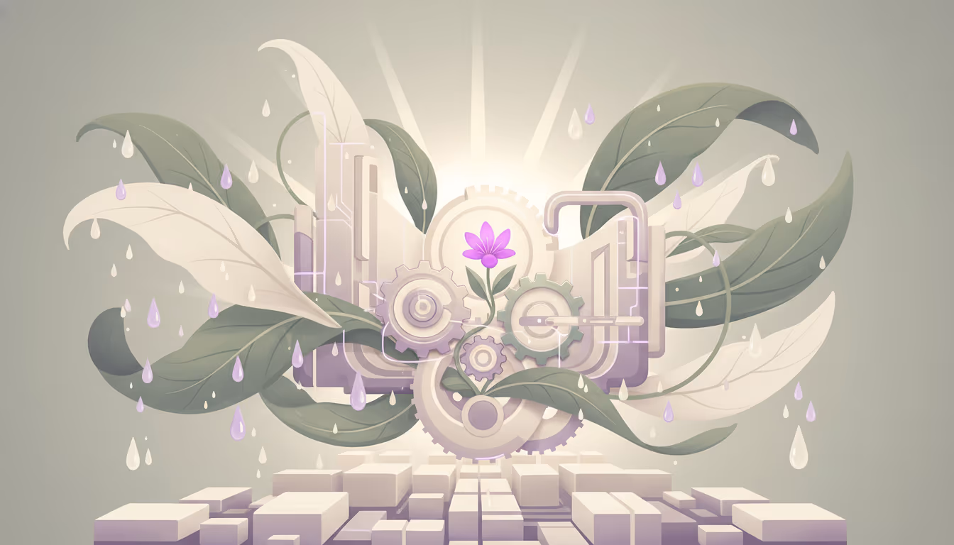 Surreal botanical composition of layered architectural shapes and organic forms representing access and entry systems