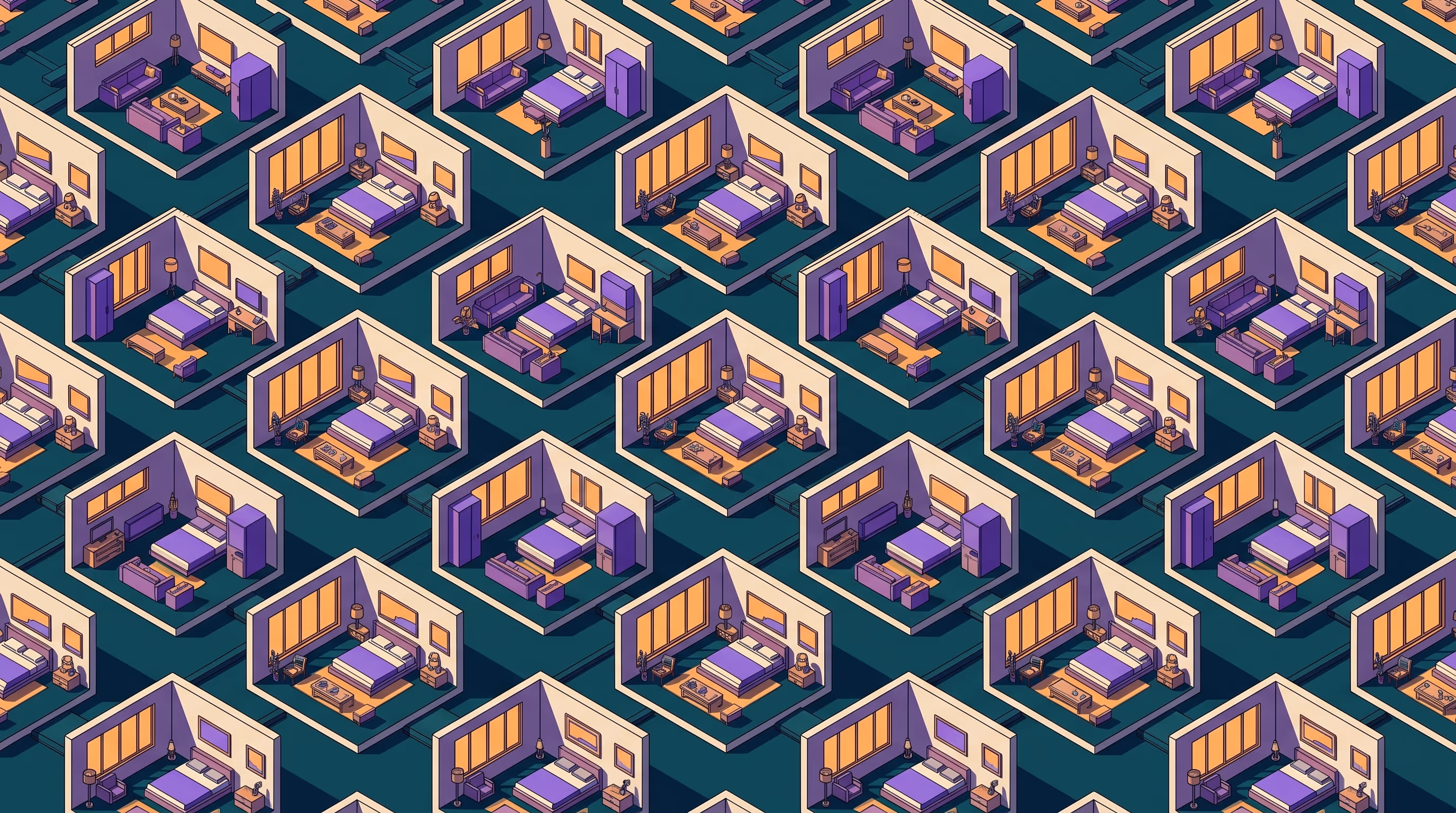 An elevated isometric view of many clean, identical staged rooms repeating across the frame in teal and purple, representing a well-ordered gallery of consistent listing photos.
